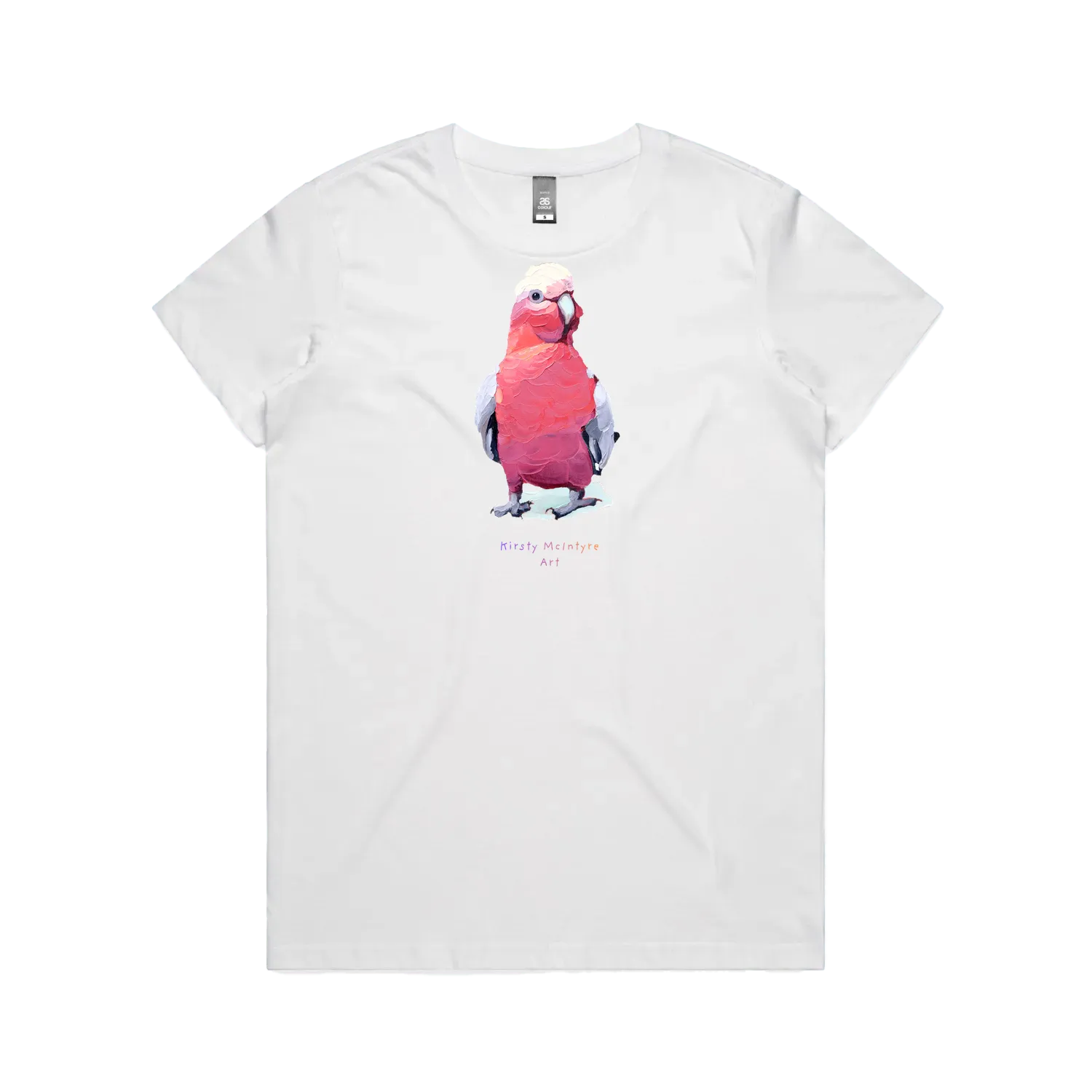 White front flat lay featuring original  pink galah bird graphic design by Australian artist, Kirsty McIntyre