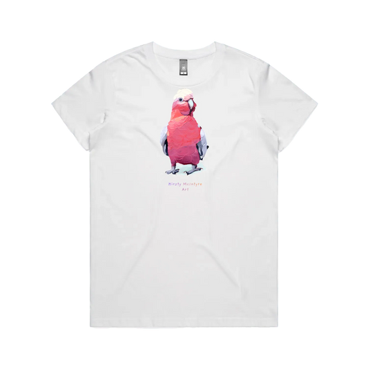 White front flat lay featuring original  pink galah bird graphic design by Australian artist, Kirsty McIntyre