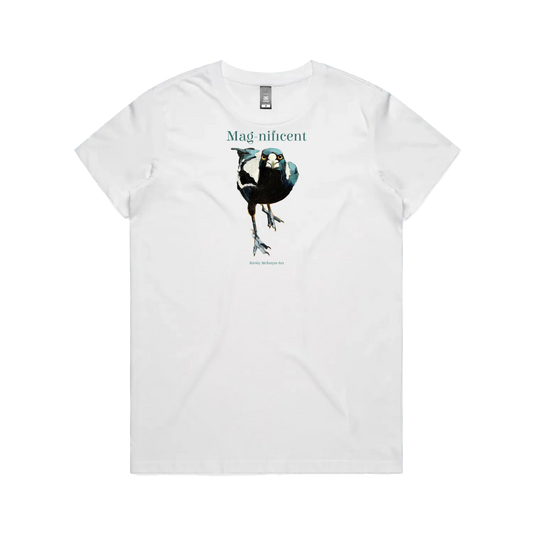 White front flat aly of a "Mag-nificent" magpie australian design by Kirsty Mcintyre, artist