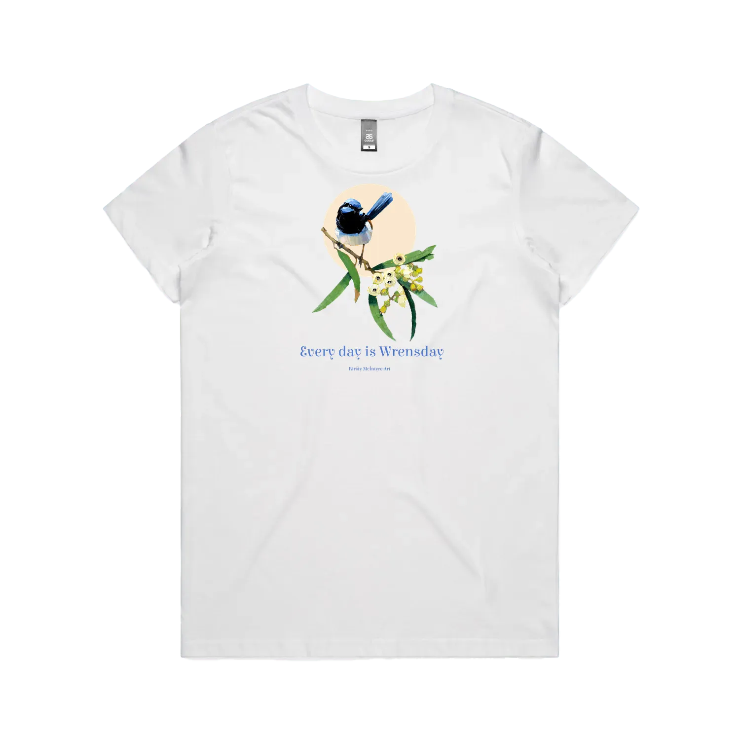 White front flat lay tee blue wren superb Bird perched on a branch with flowers and leaves on a light pink background, featuring the text 'Every day is Wrensday'. original design by Kirsty McIntyre