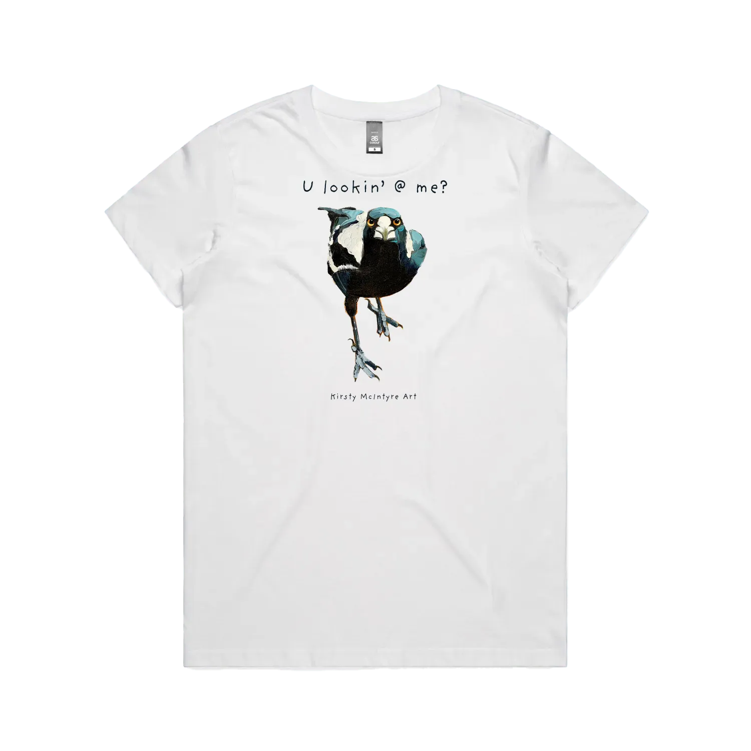 White front flat lay featuring an original magpaie graphic by Australian bird artist, Kirsty McIntyre