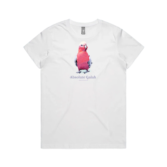 White front flat lay featuring an original galah design by Kirsty McIntyre with text "Absolute Galah"