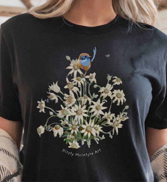 Emu wren with flannel flowers womens maple tee